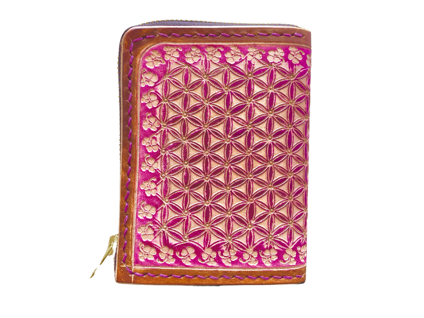 "Flower of life" nature inspired leather zip wallet