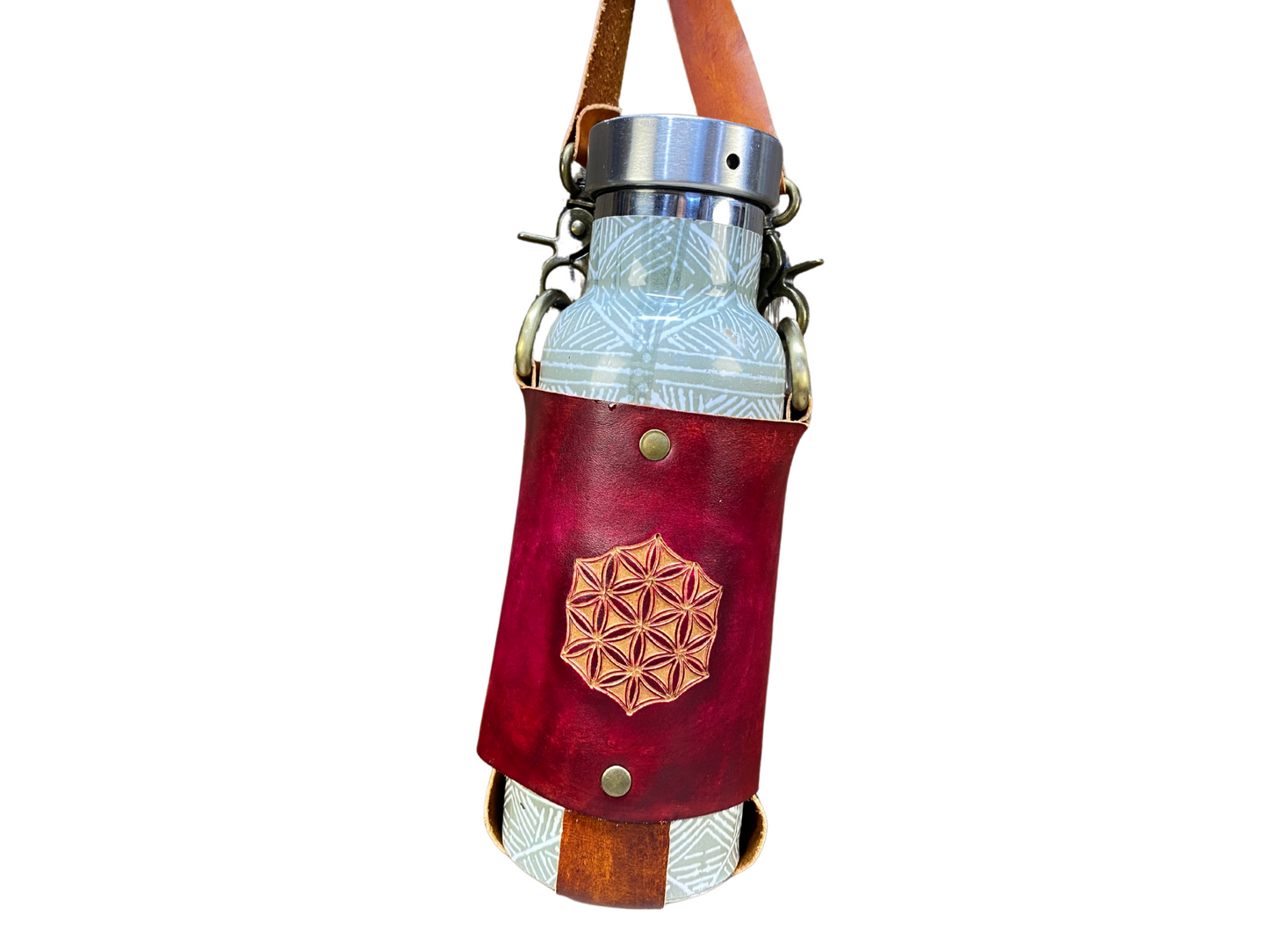 Flower of life - leather water bottle / travel mug sling