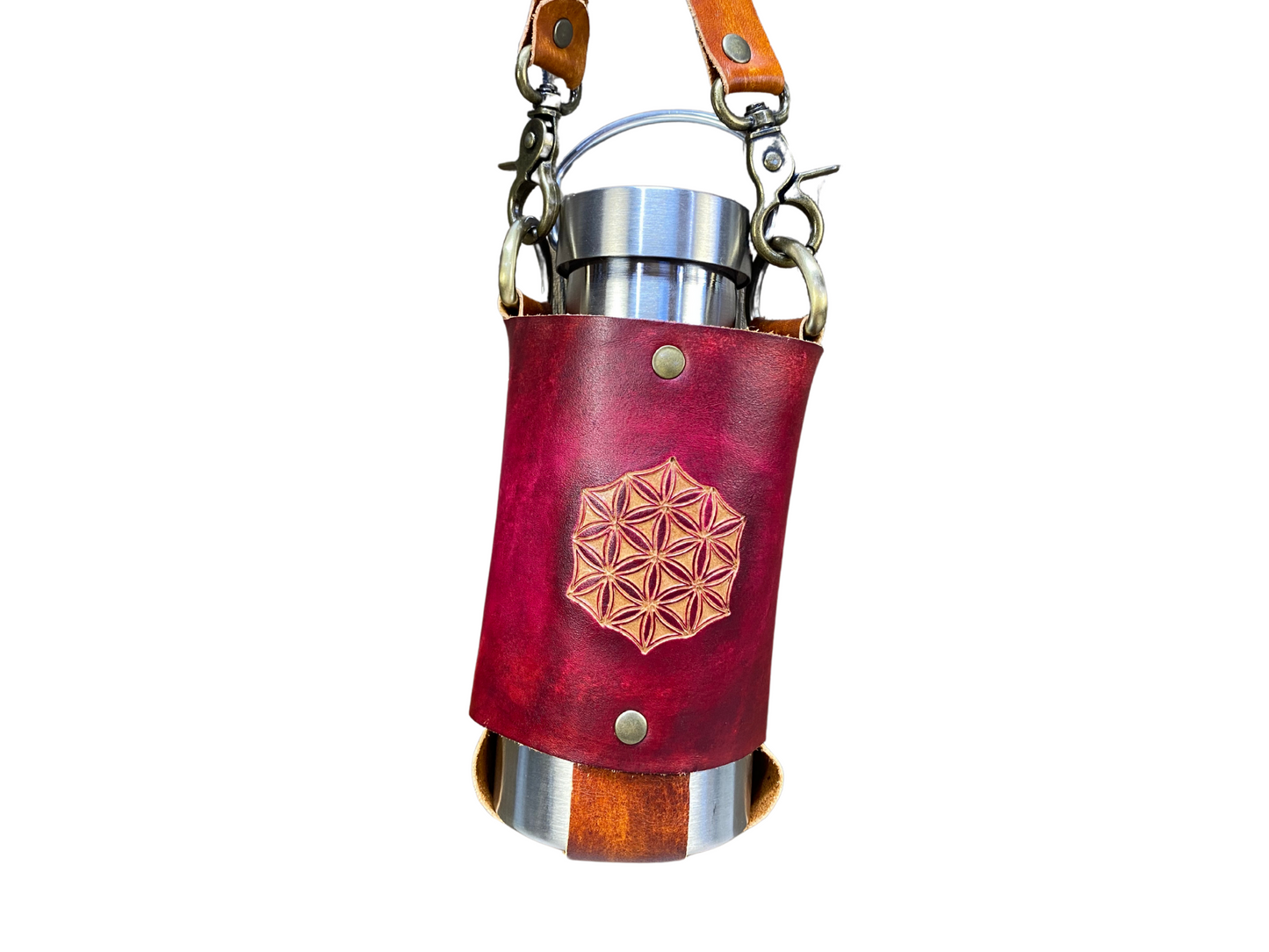 Flower of life - leather water bottle / travel mug sling