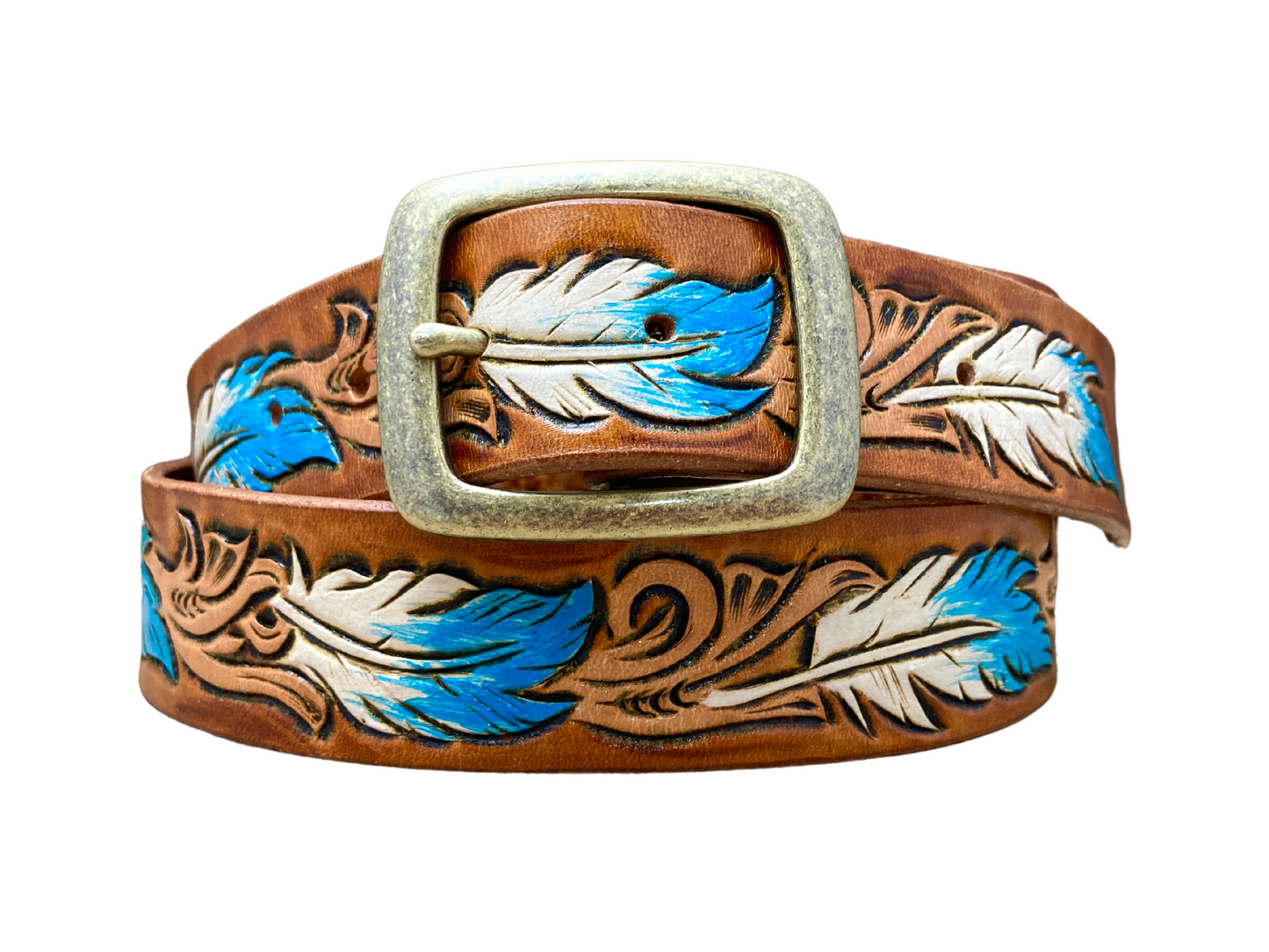 Hand painted leather belt - Feathers