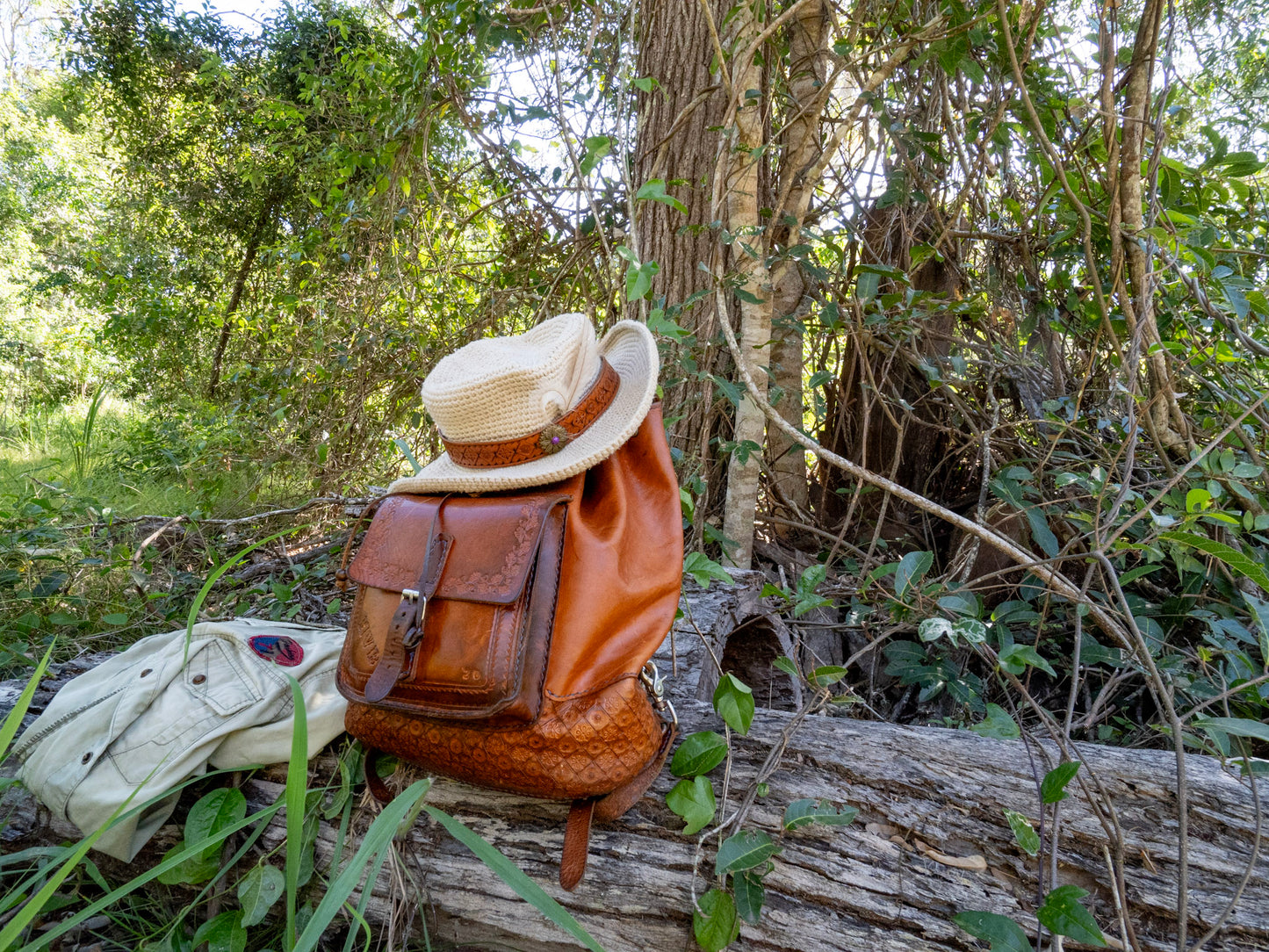 Hand embossed full leather backpack