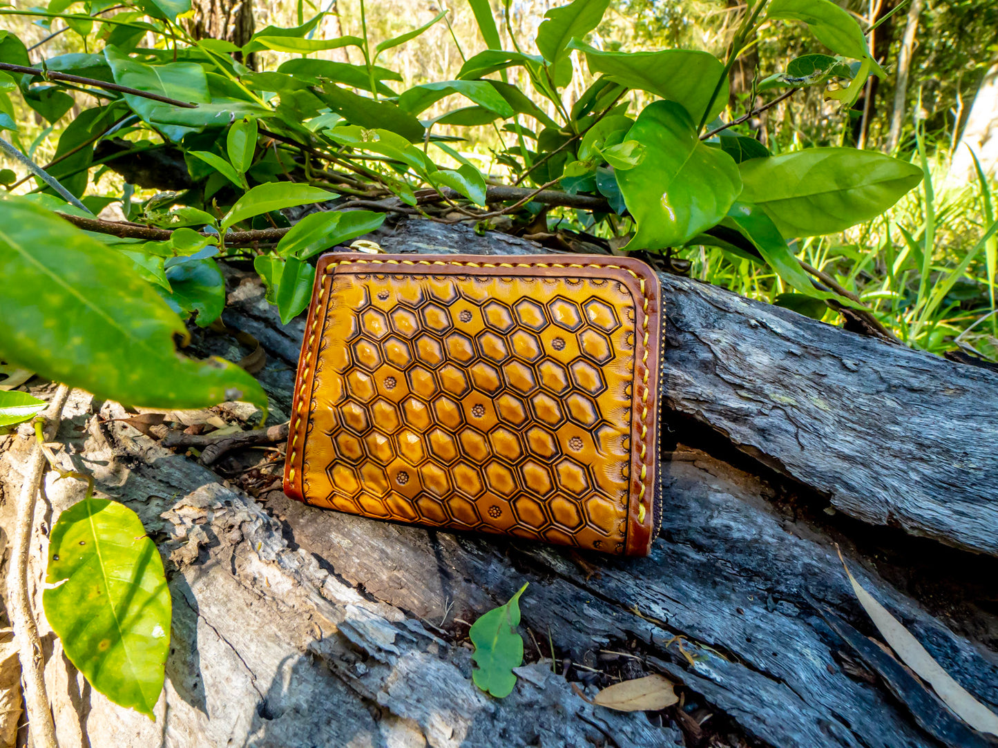 "Bee Hive Summer" Nature inspired leather zip wallet