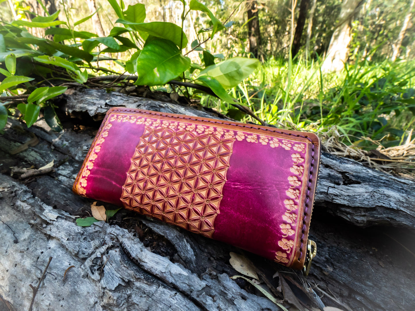 "Flower of life" nature inspired leather zip long wallet purse