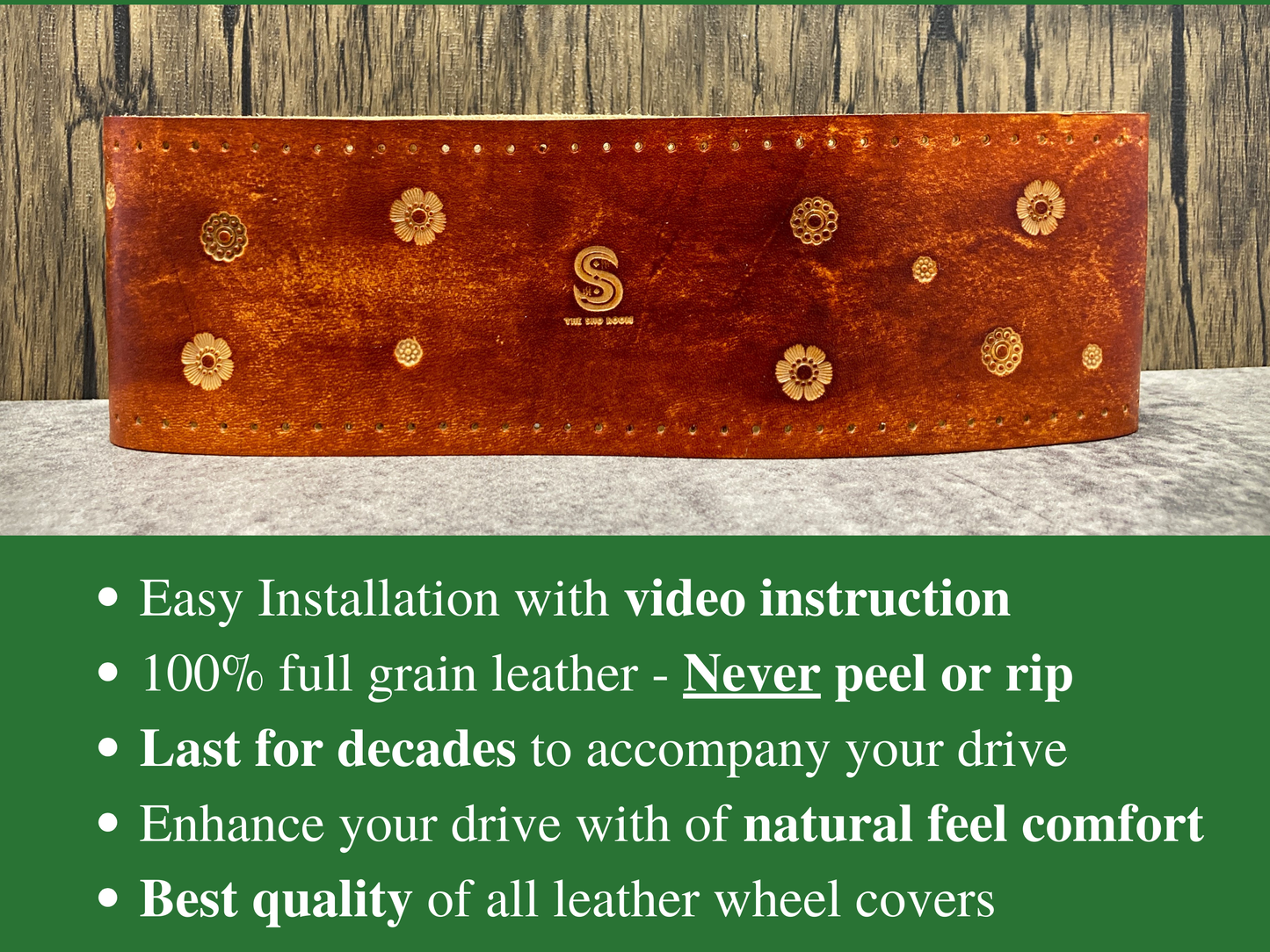 Hand tooled custom leather steering wheel cover - Flowers