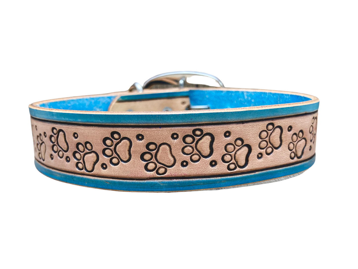 "Paw Prints" Hand carved wide dog collar - Medium - Large