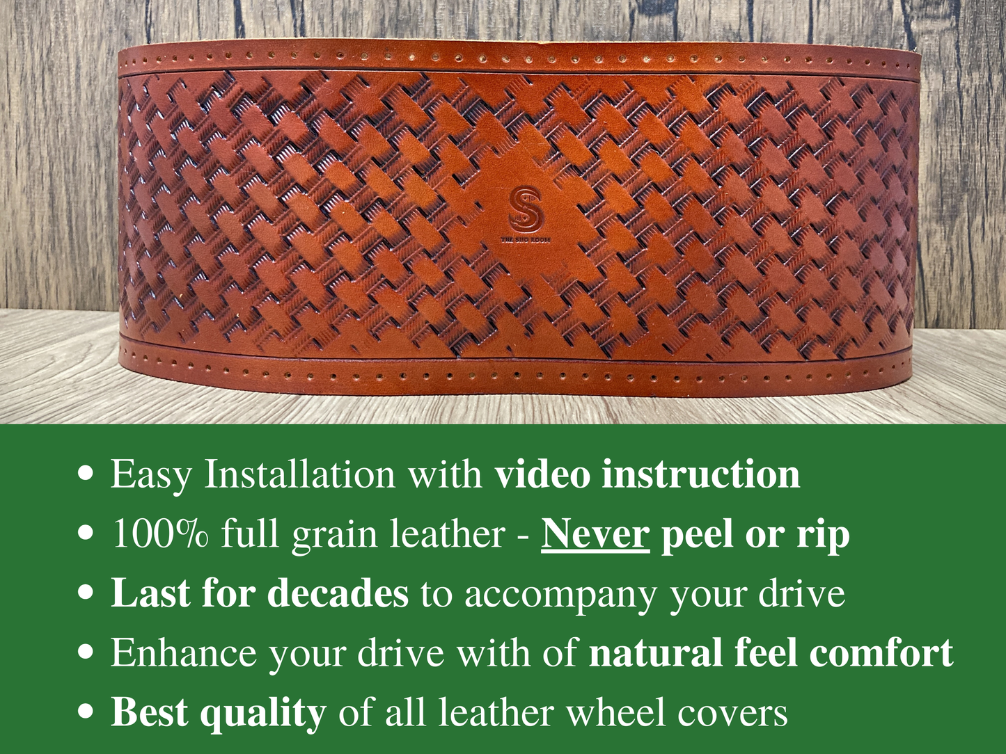 Hand tooled custom leather steering wheel cover - Basketweave