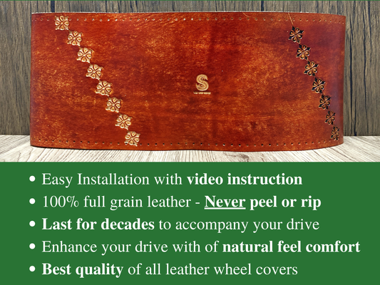 Hand tooled custom leather steering wheel cover - Diamond