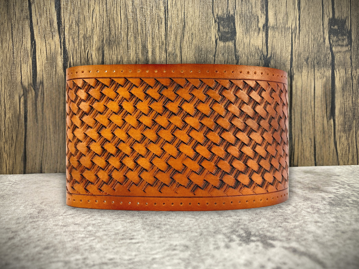 Hand tooled leather steering wheel wrap - Basketweave