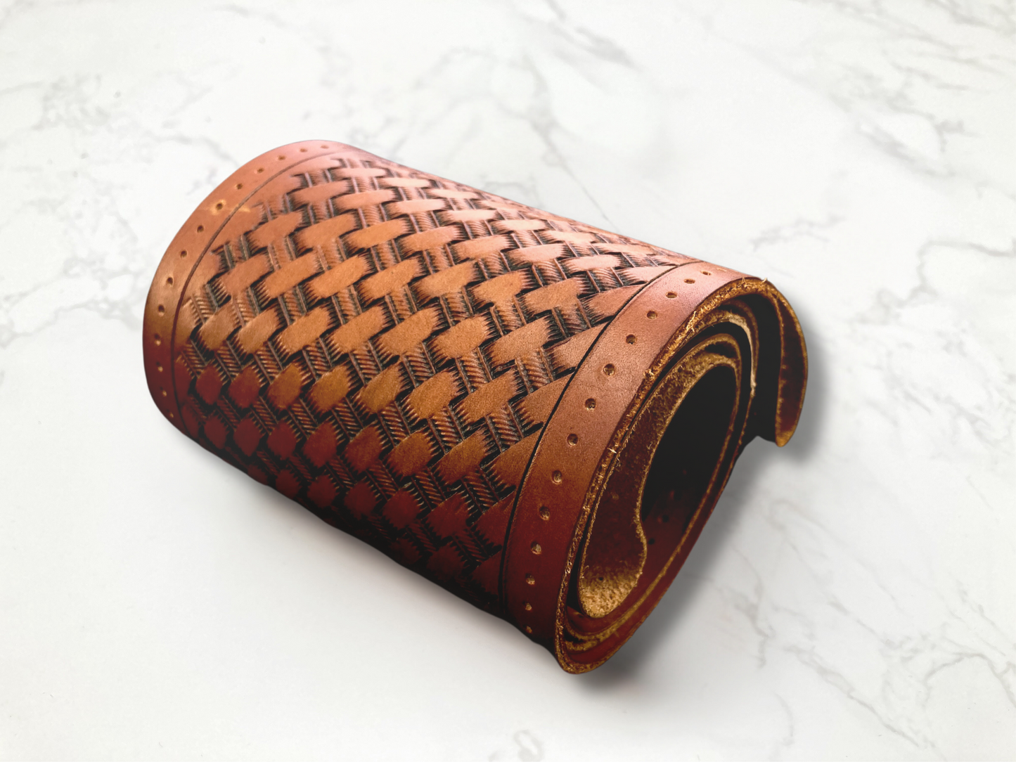 Hand tooled leather steering wheel wrap - Basketweave