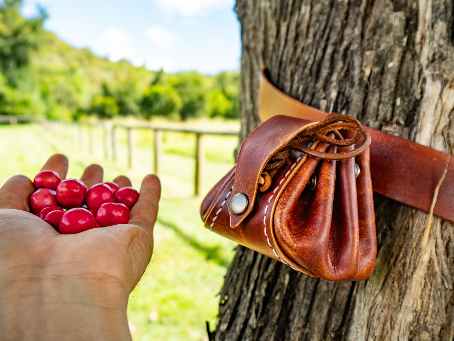 Mini foraging leather belt pouch with string