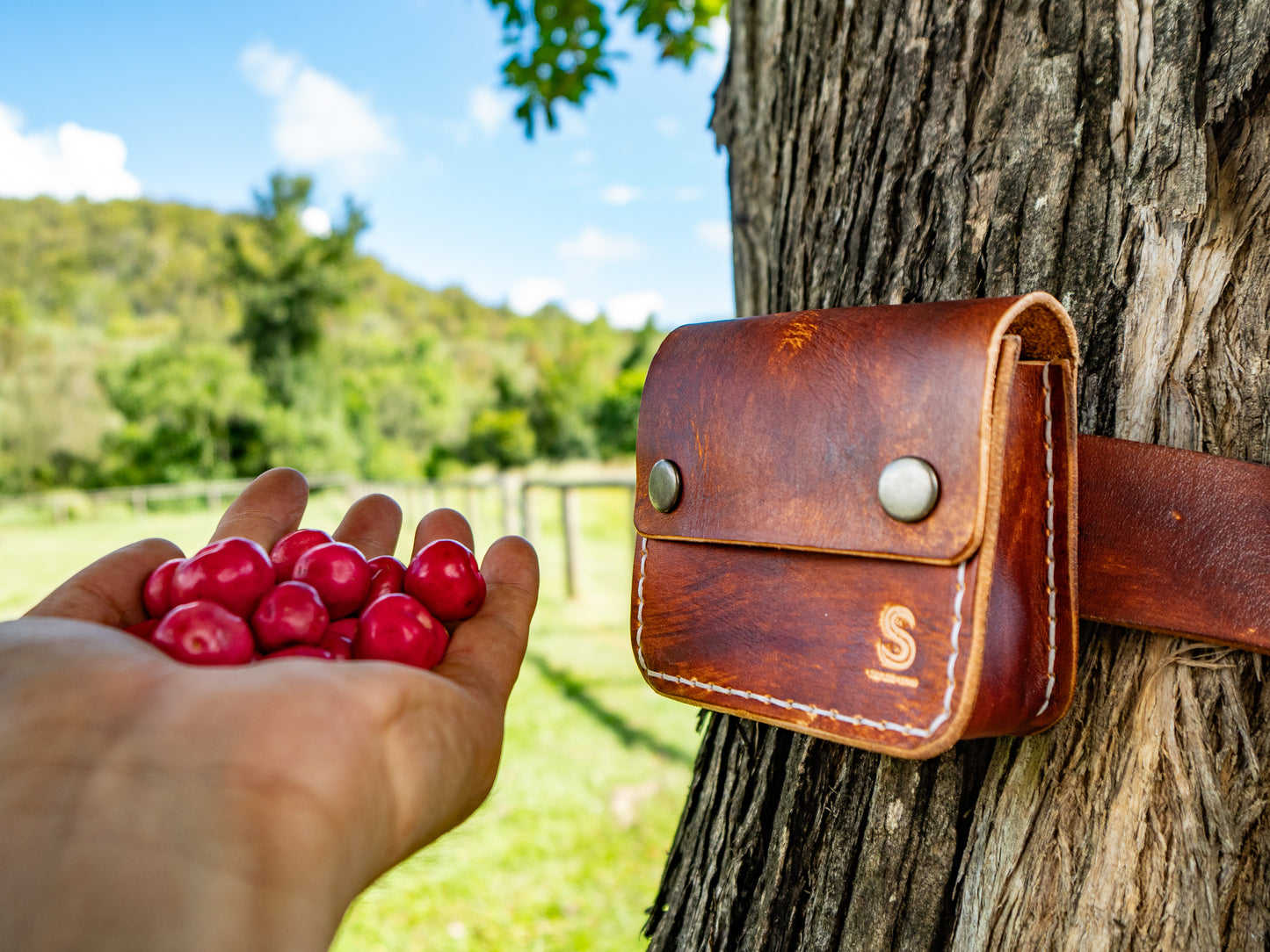 Mini foraging leather belt pouch with snap closure