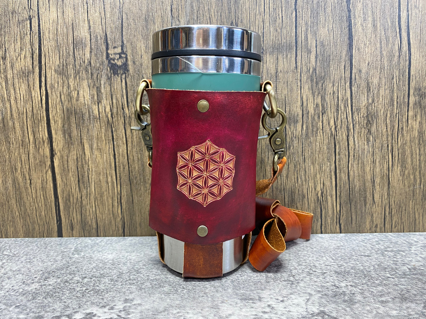 Flower of life - leather water bottle / travel mug sling