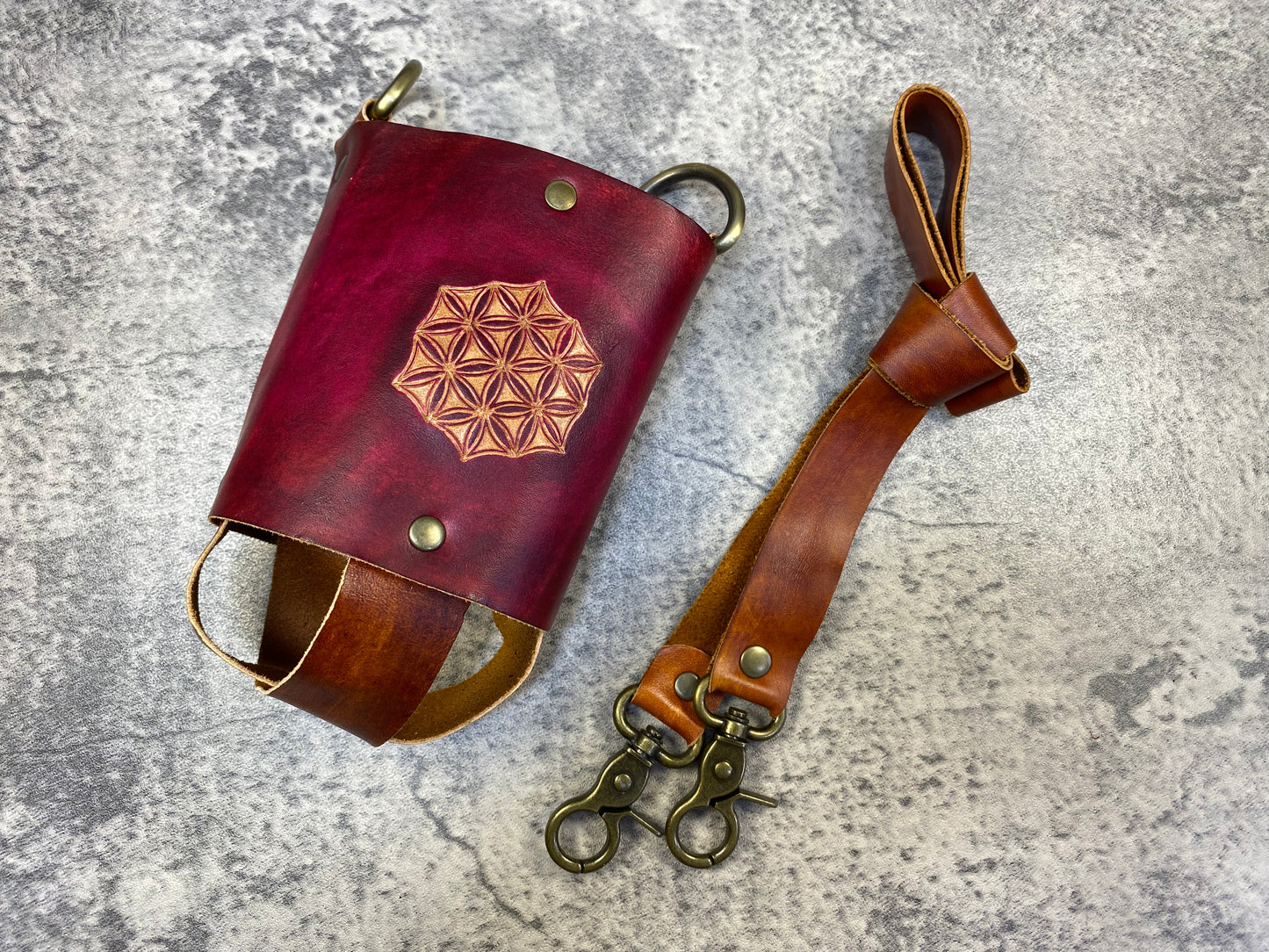 Flower of life - leather water bottle / travel mug sling