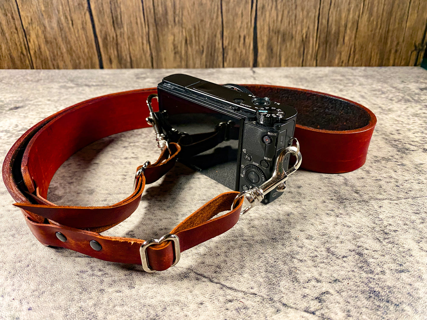 Hand dyed leather artisan camera strap