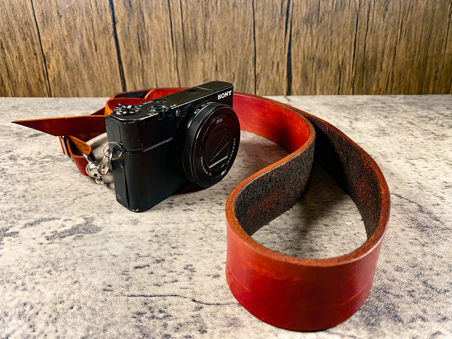 Hand dyed leather artisan camera strap