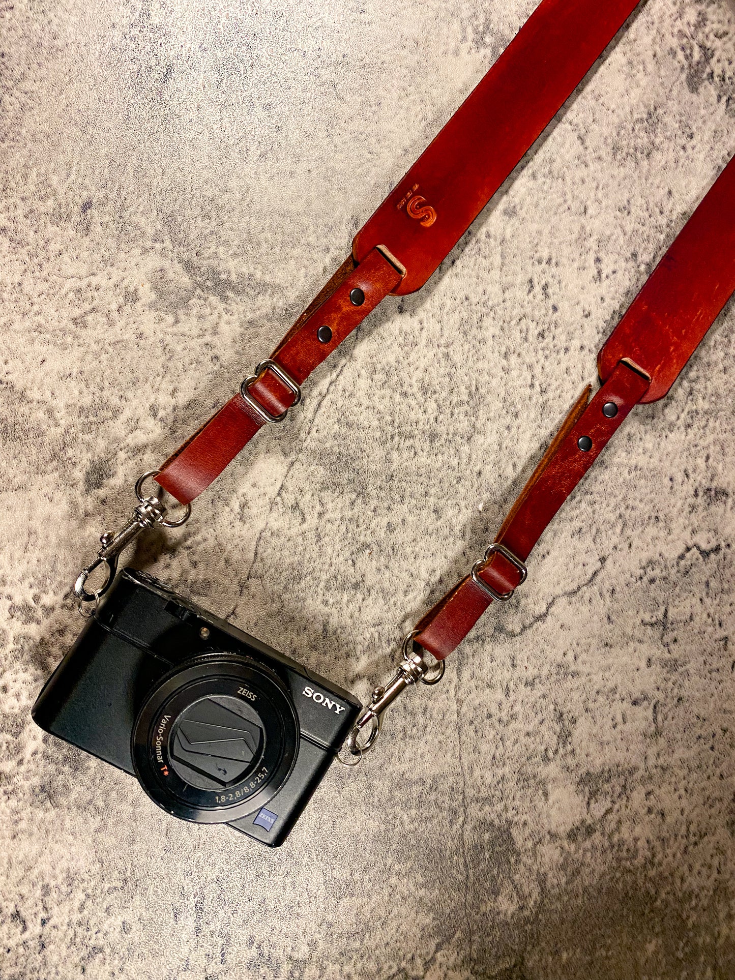 Hand dyed leather artisan camera strap