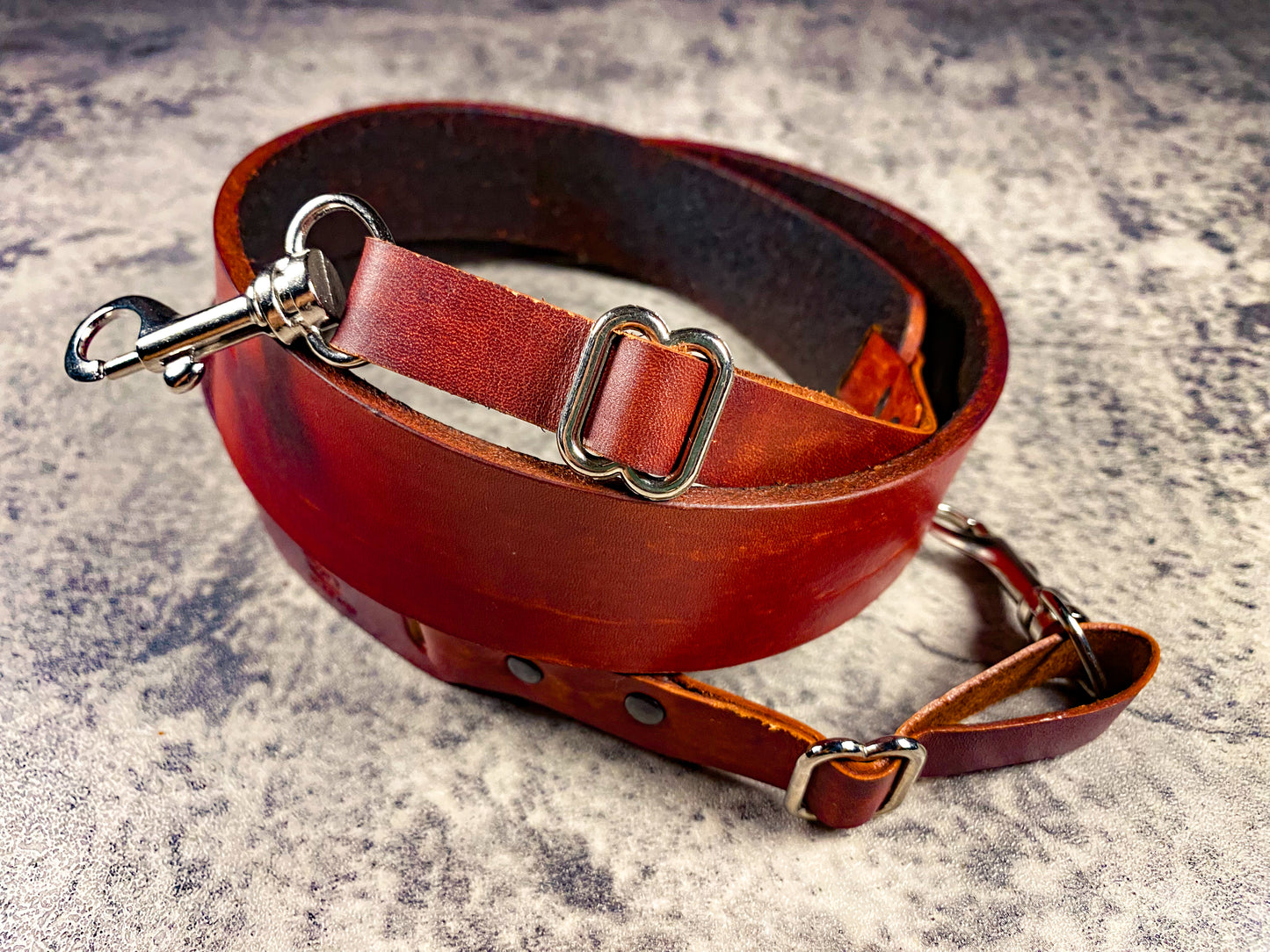 Hand dyed leather artisan camera strap