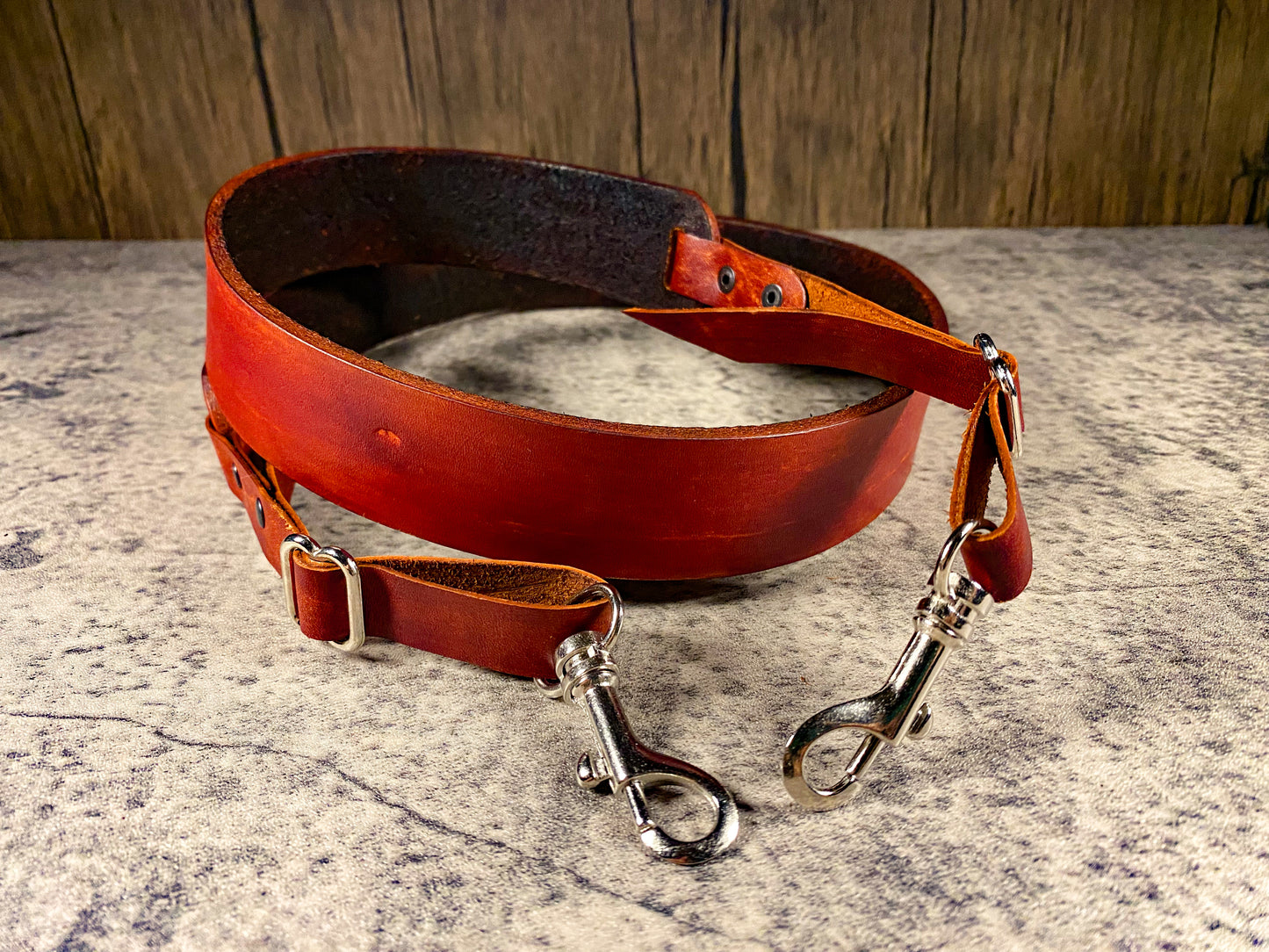 Hand dyed leather artisan camera strap