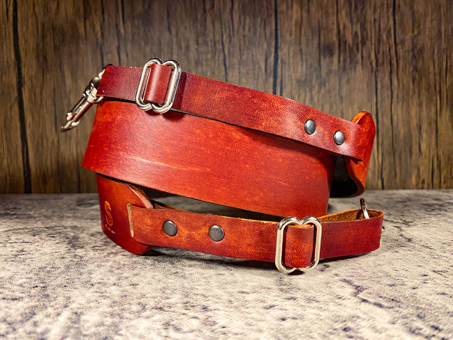 Hand dyed leather artisan camera strap