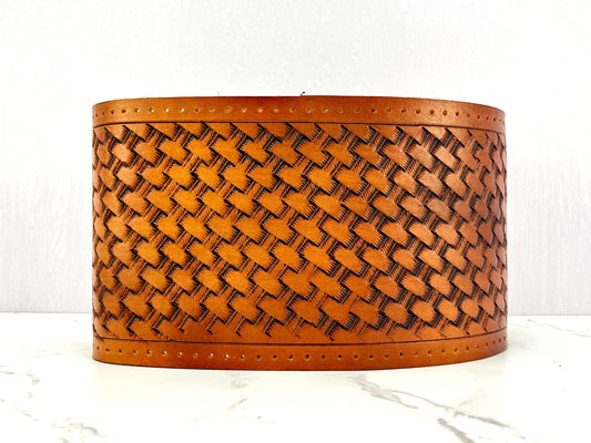 Hand tooled leather steering wheel wrap - Basketweave