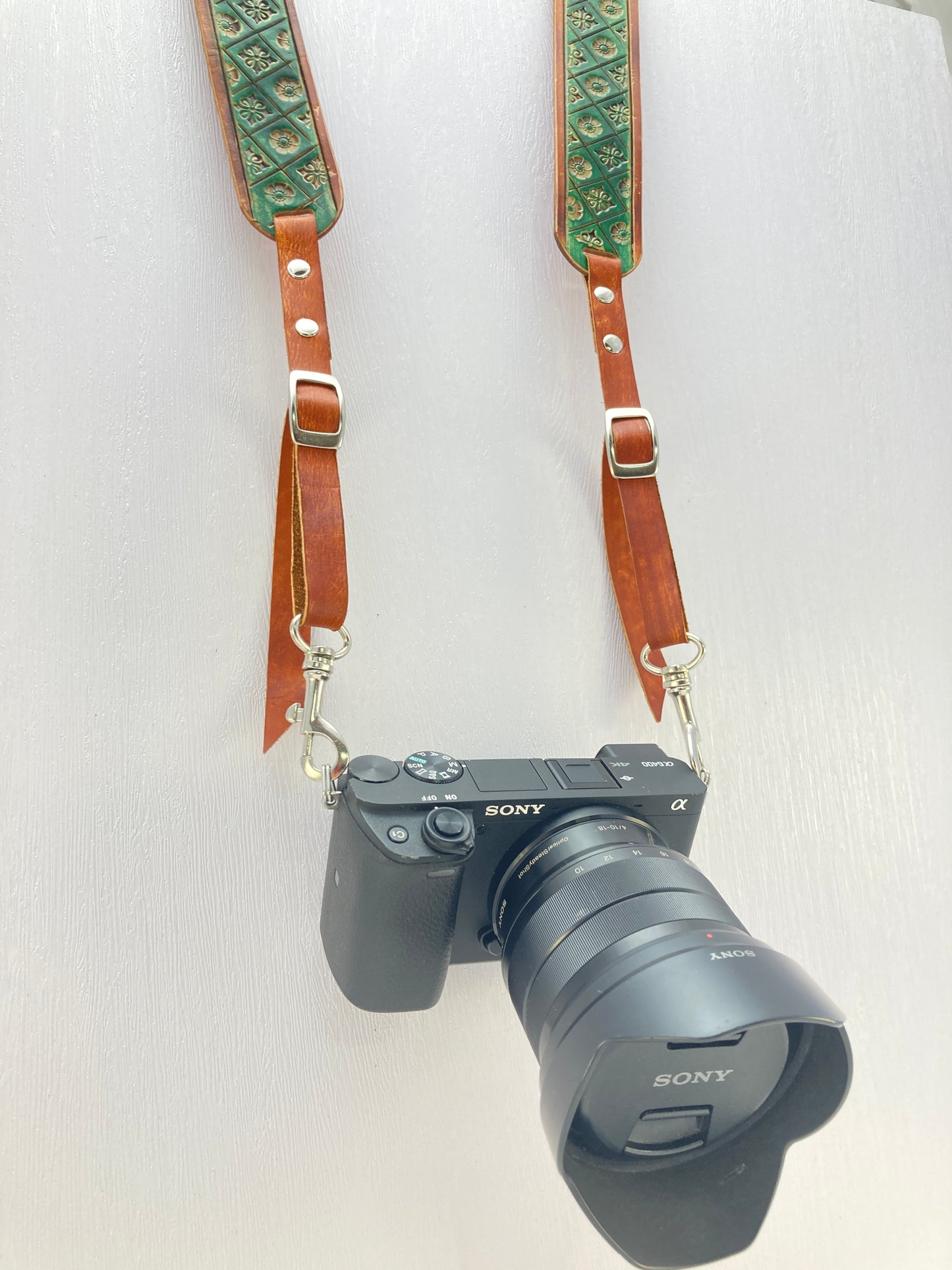 Nature inspired custom leather camera strap