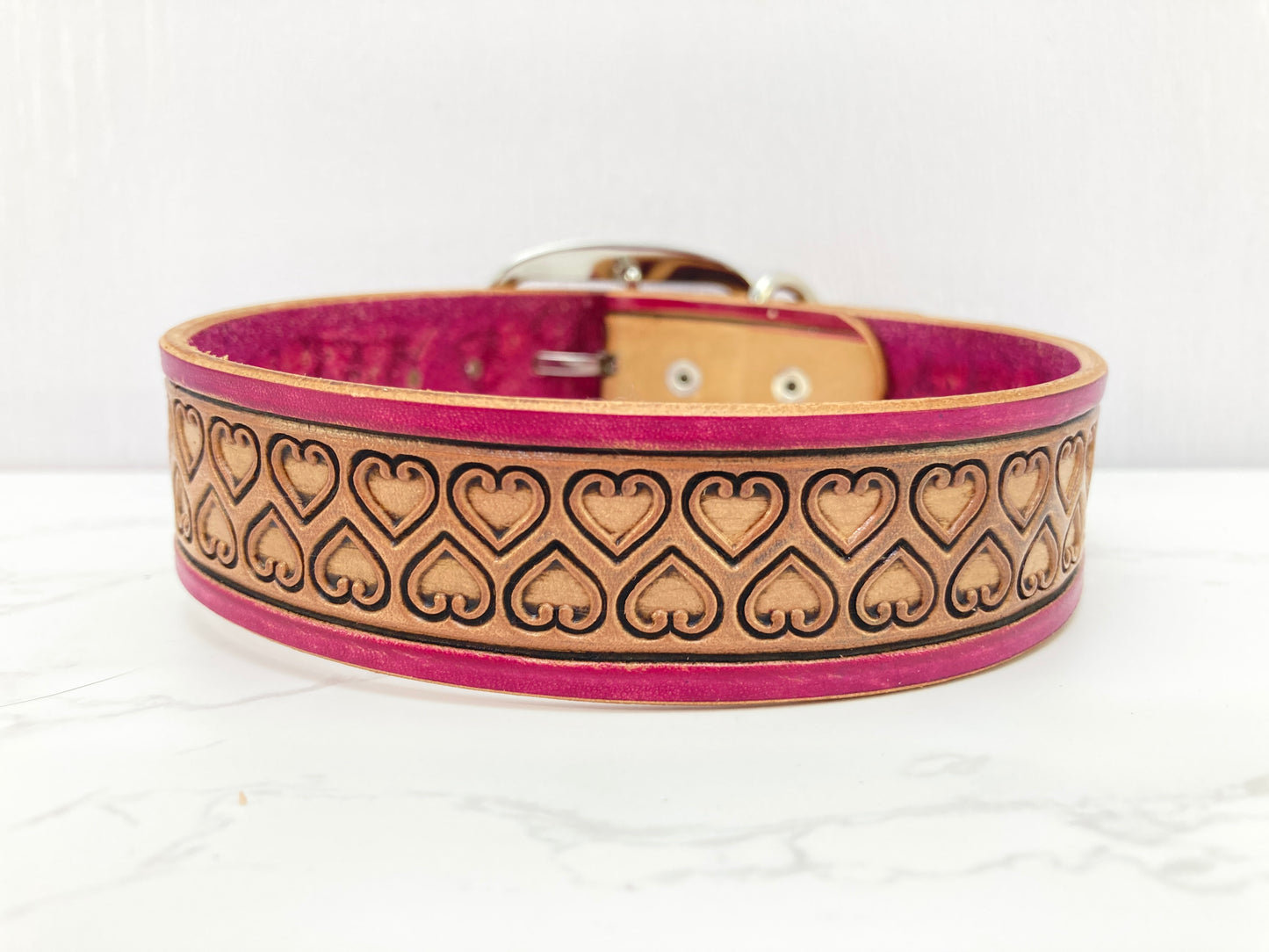 "Love heart" Hand carved wide dog collar - Medium - Large