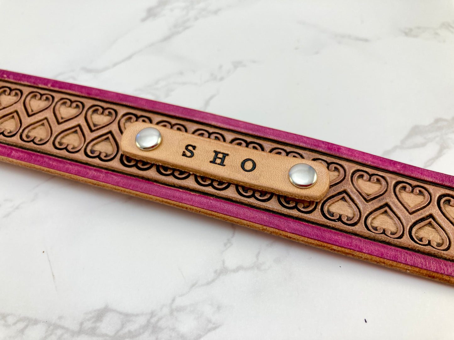 "Love heart" Hand carved wide dog collar - Medium - Large