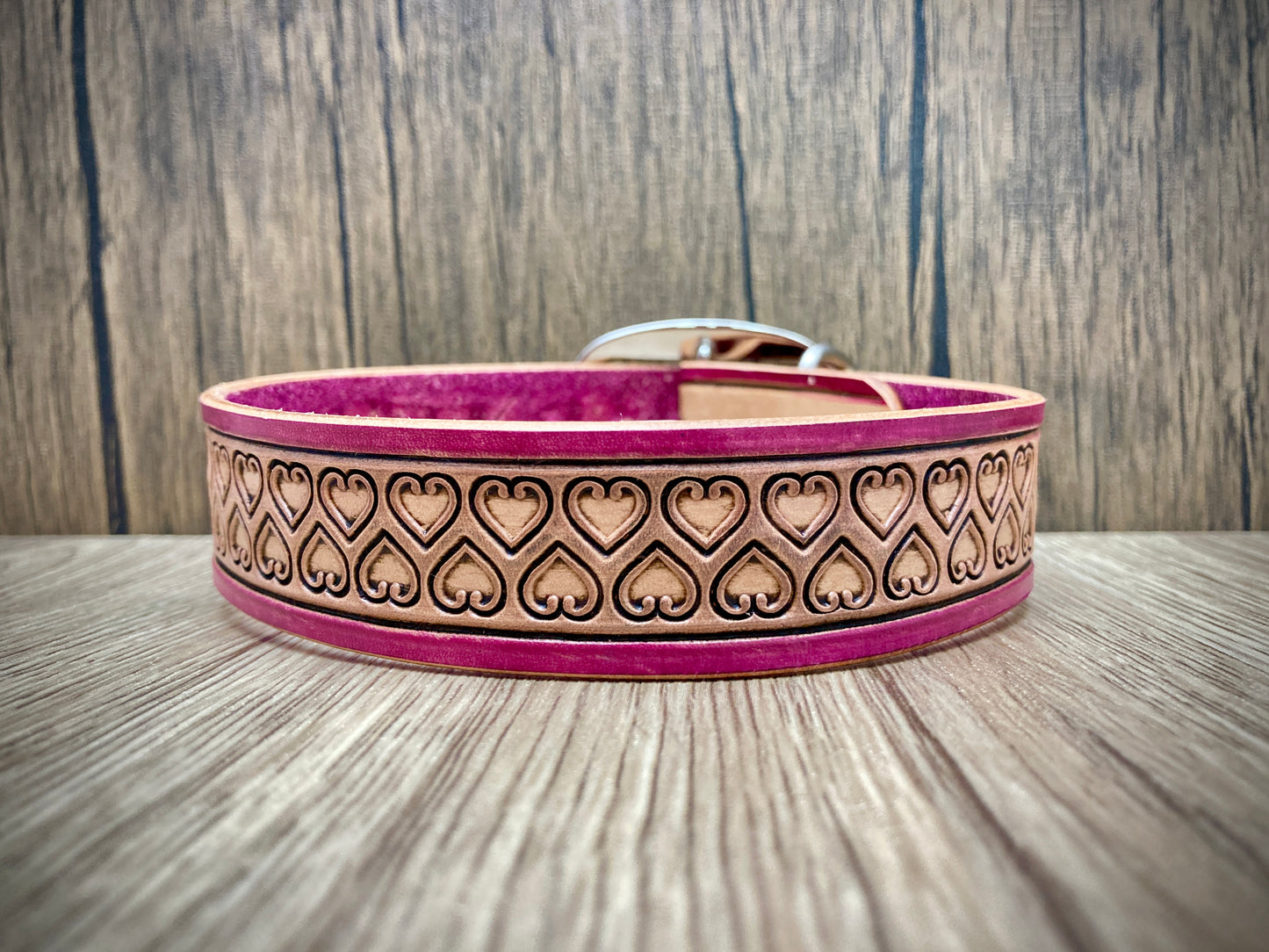 "Love heart" Hand carved wide dog collar - Medium - Large