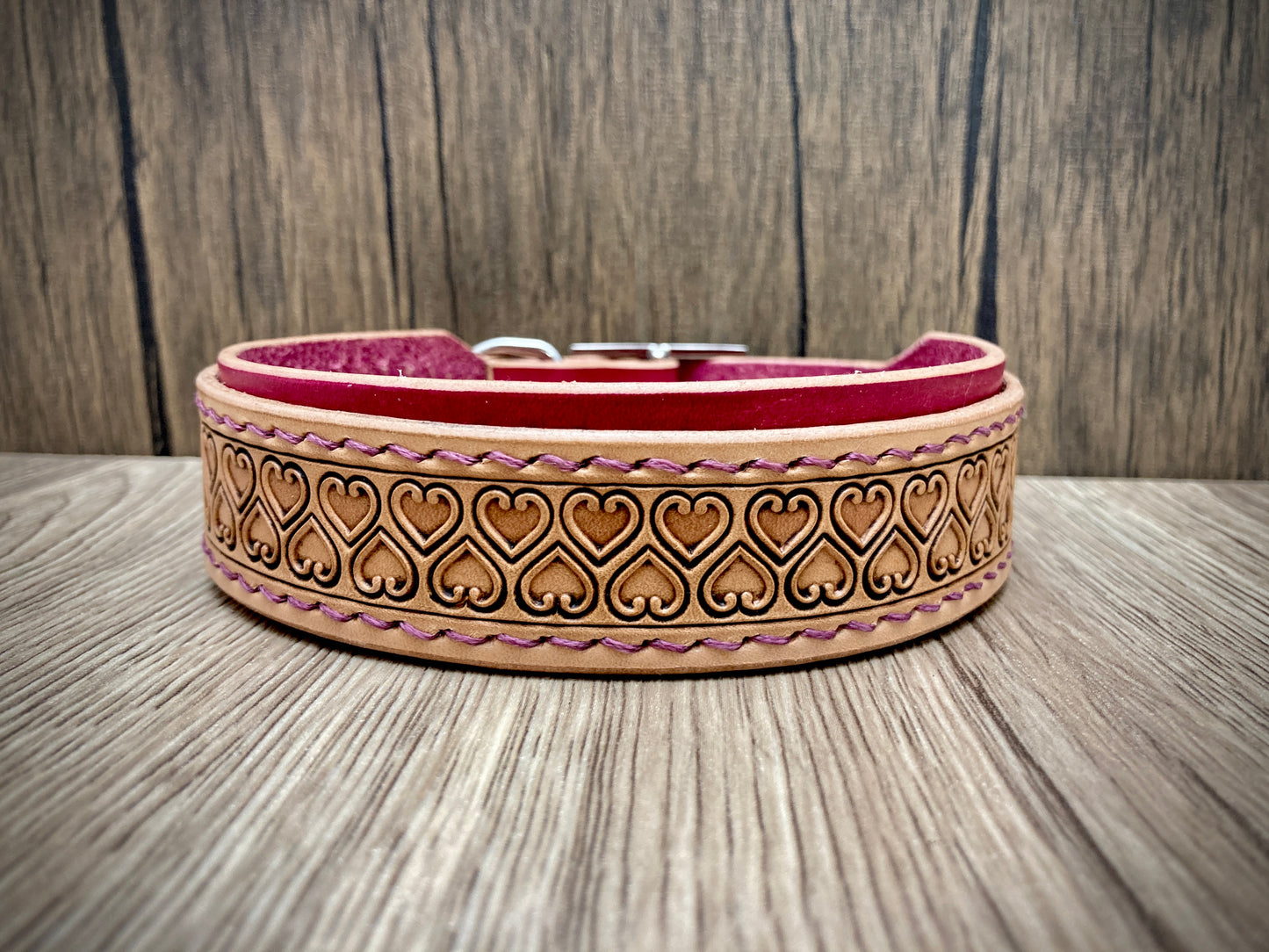 "Love heart" Hand carved double layered dog collar - Medium - Large