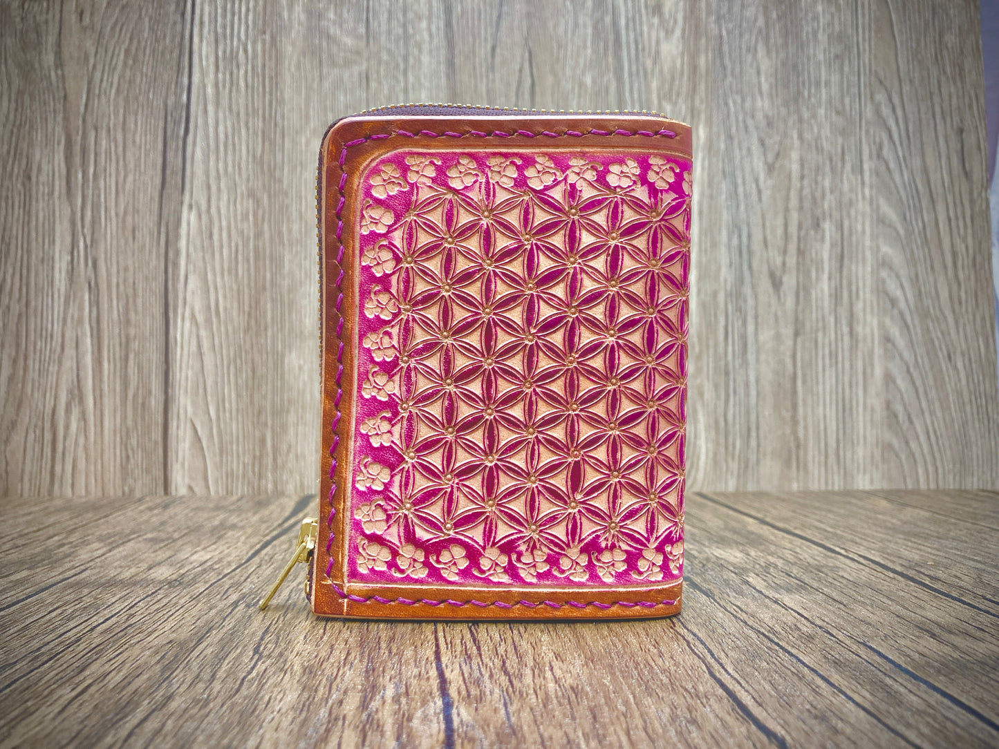 "Flower of life" nature inspired leather zip wallet