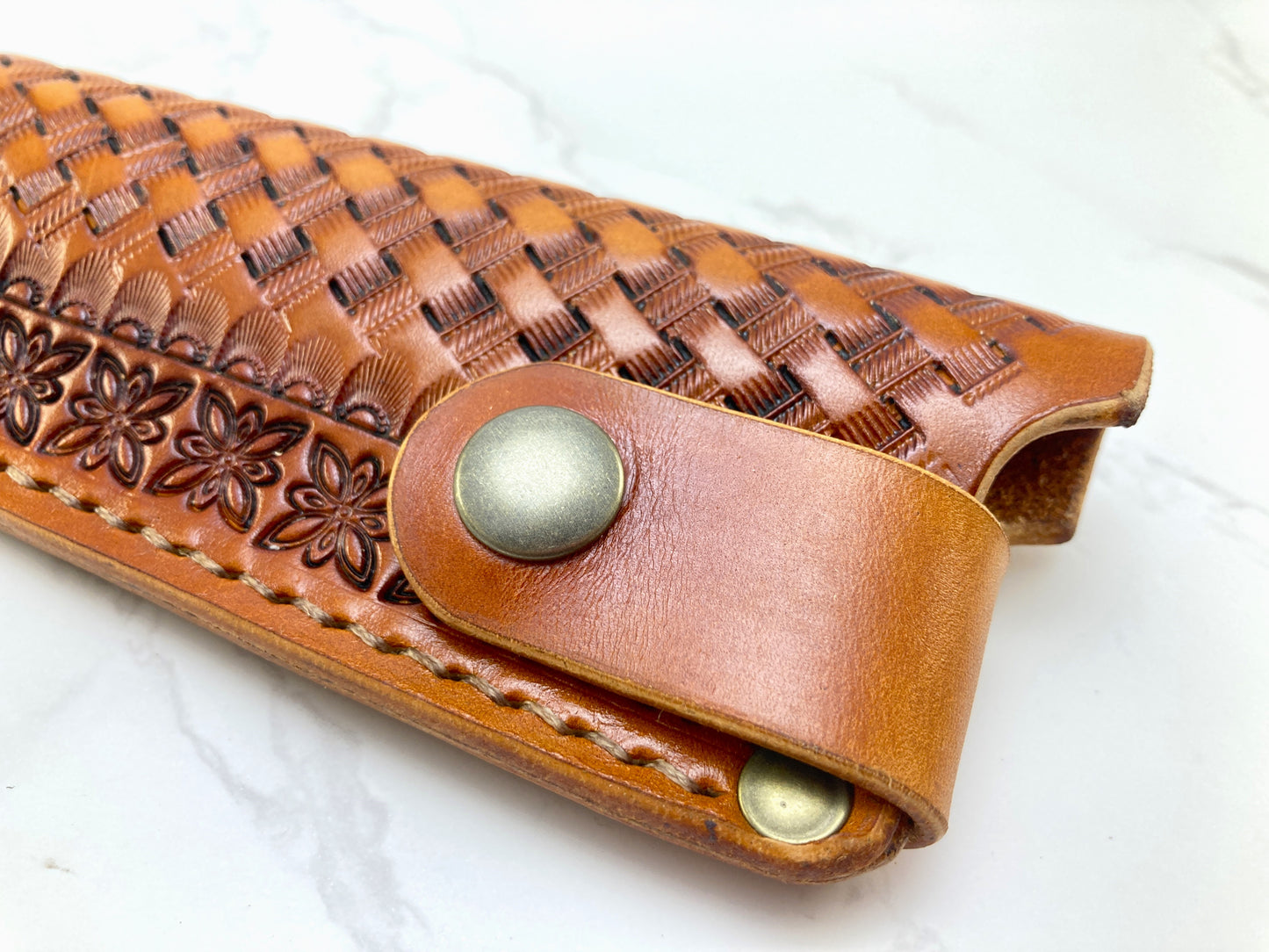 Handcrafted leather kitchen knife sheath - Basketweave