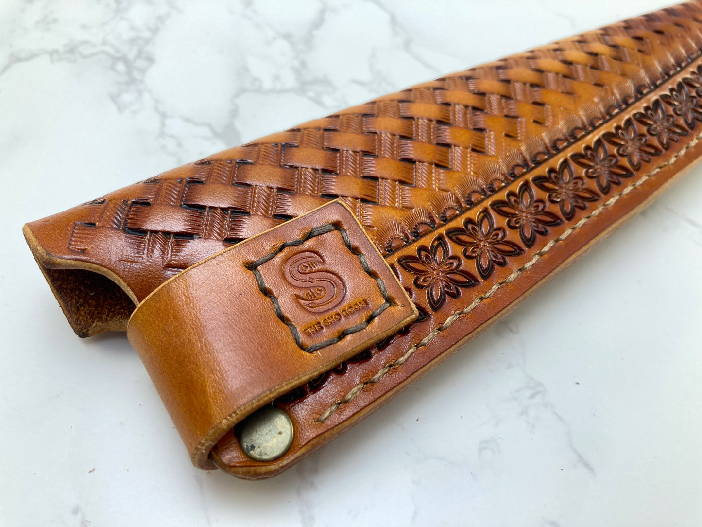 Handcrafted leather kitchen knife sheath - Basketweave