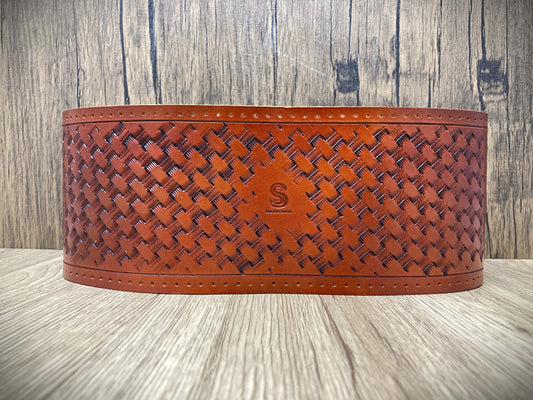 Hand tooled custom leather steering wheel cover - Basketweave