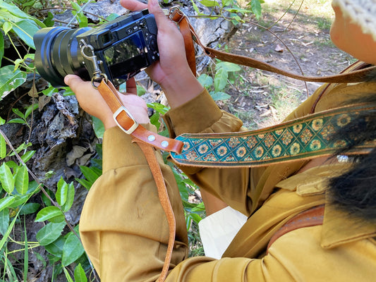 Nature inspired custom leather camera strap