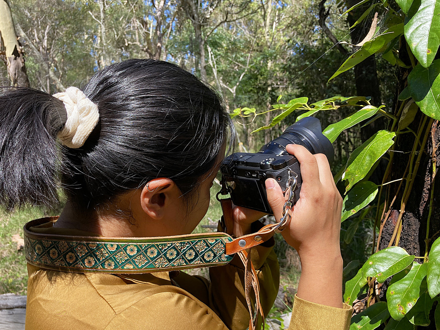 Nature inspired custom leather camera strap