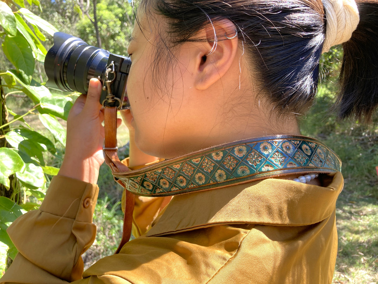 Nature inspired custom leather camera strap