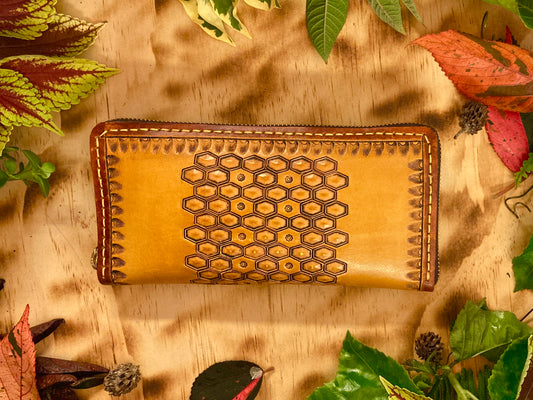 "Bee hive Summer" nature inspired round zip leather long wallet purse