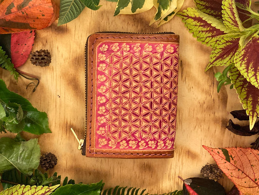 "Flower of life" nature inspired leather zip wallet