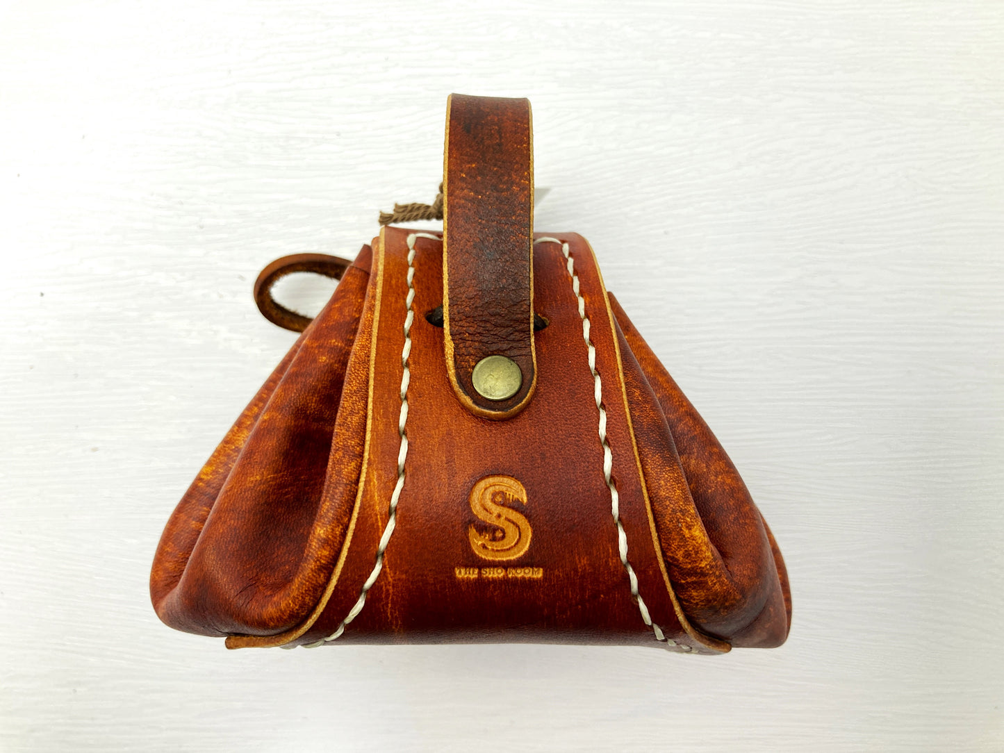 Mini foraging leather belt pouch with string