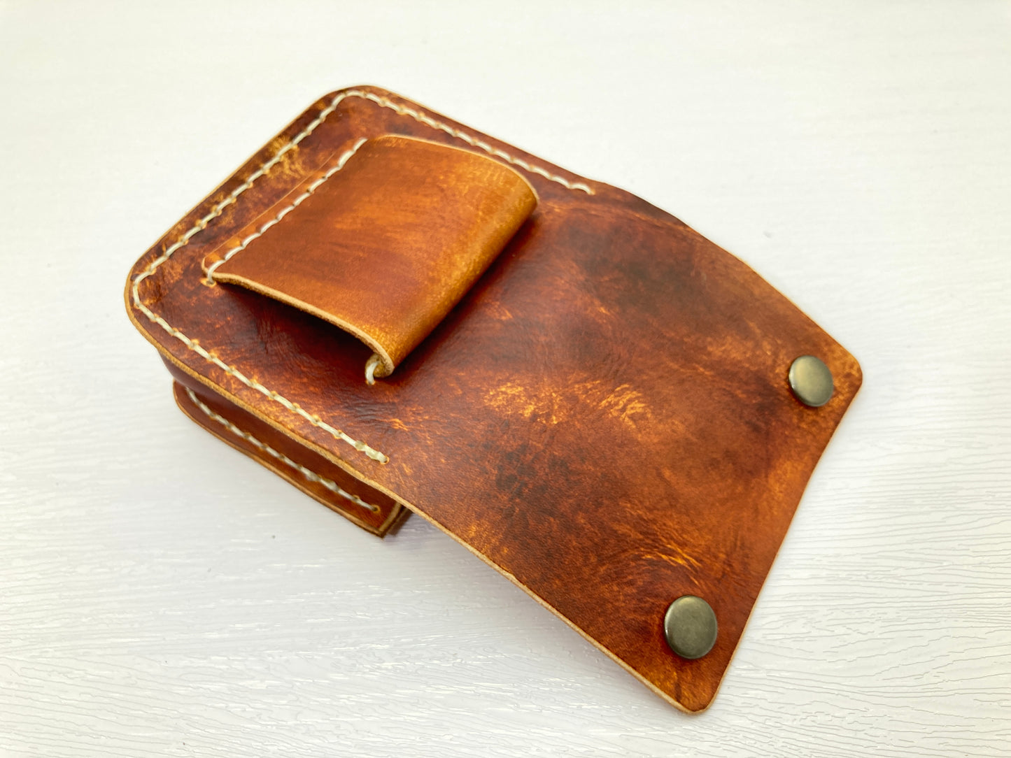 Mini foraging leather belt pouch with snap closure