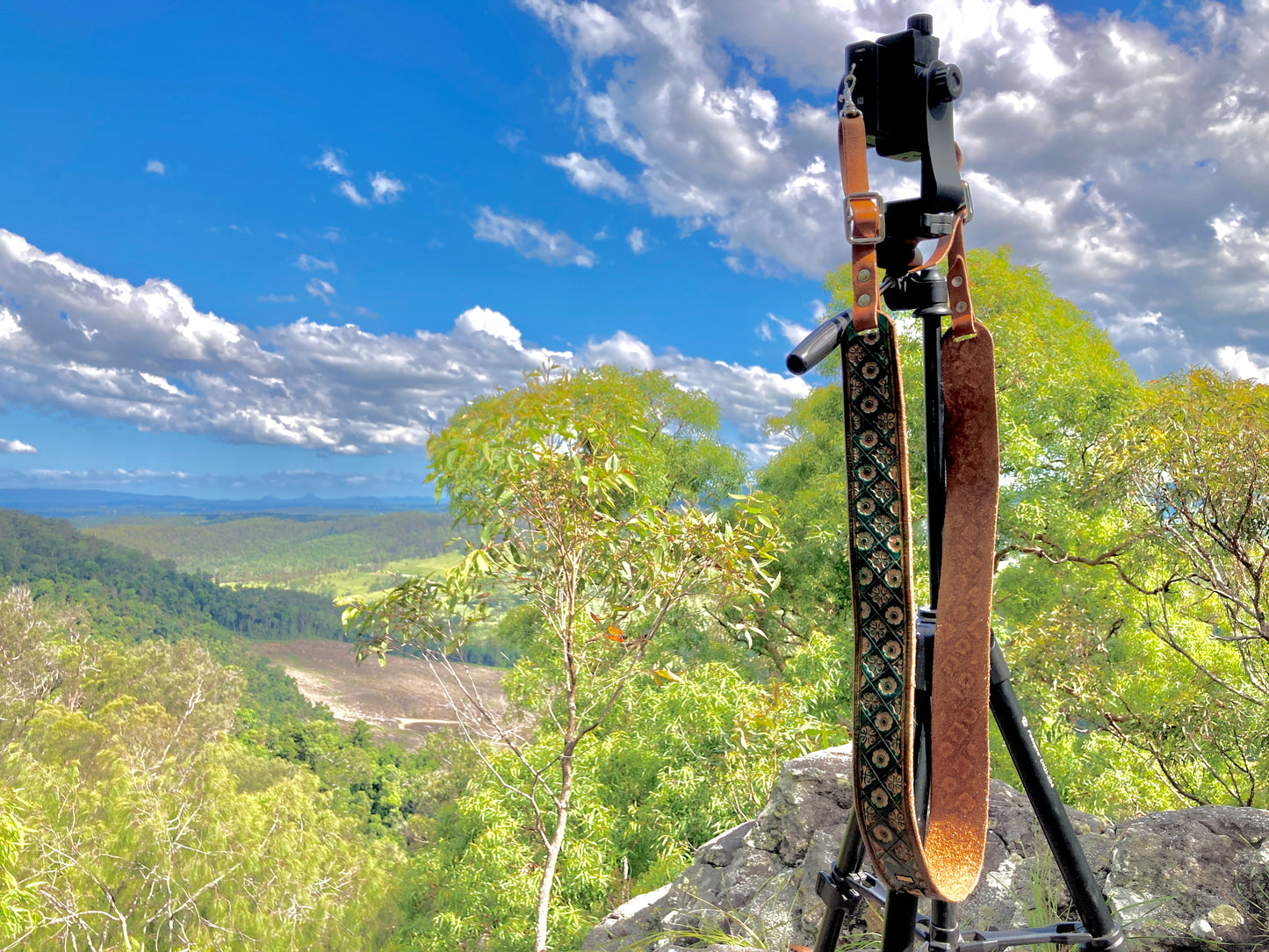 Nature inspired custom leather camera strap