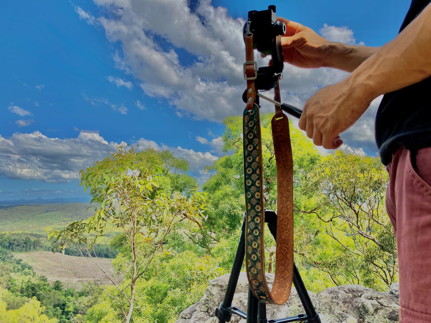 Nature inspired custom leather camera strap