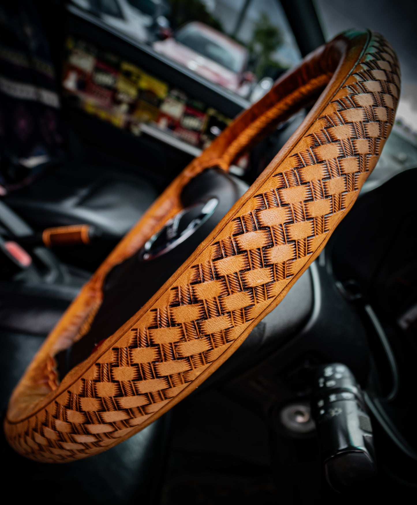 Hand tooled leather steering wheel wrap - Basketweave