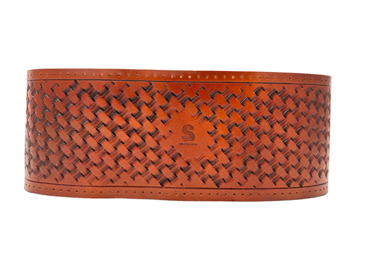 Hand tooled custom leather steering wheel cover - Basketweave