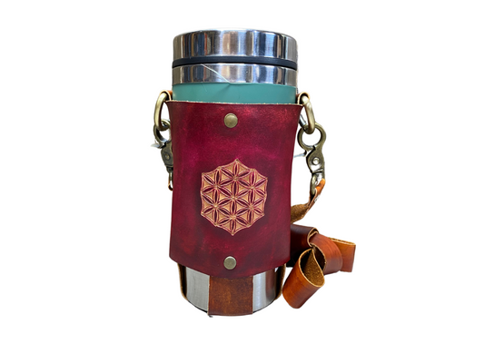 Flower of life - leather water bottle / travel mug sling