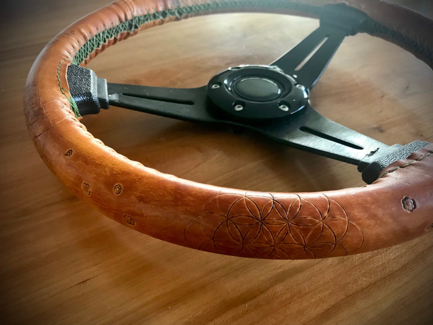Copy of Hand tooled leather steering wheel wrap - Tan brown