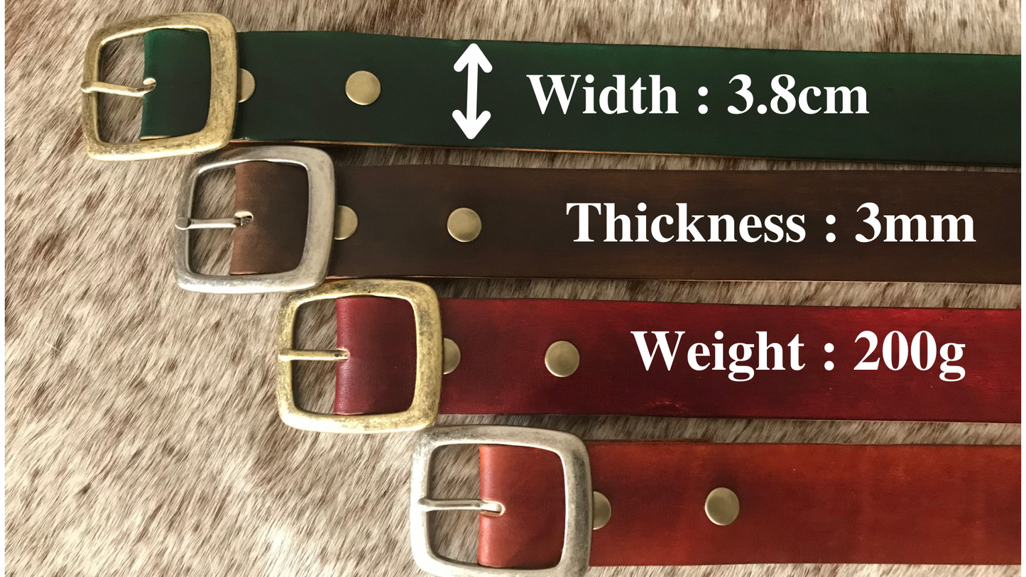 Hand dyed leather belt with antique buckle