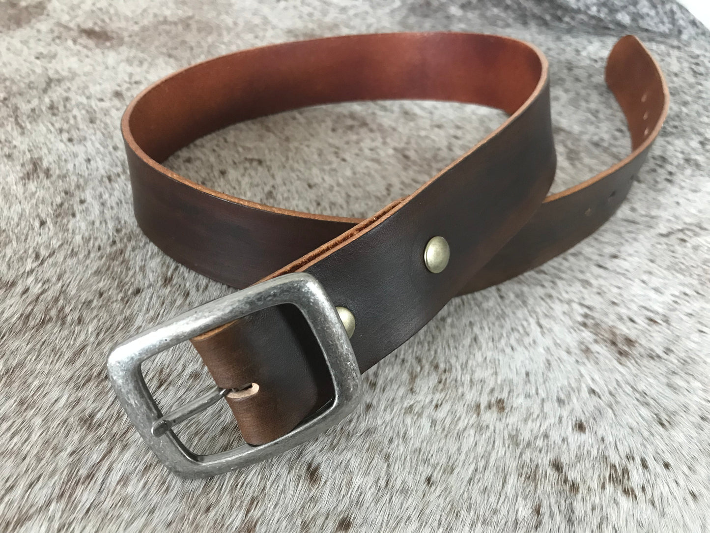 Hand dyed leather belt with antique buckle