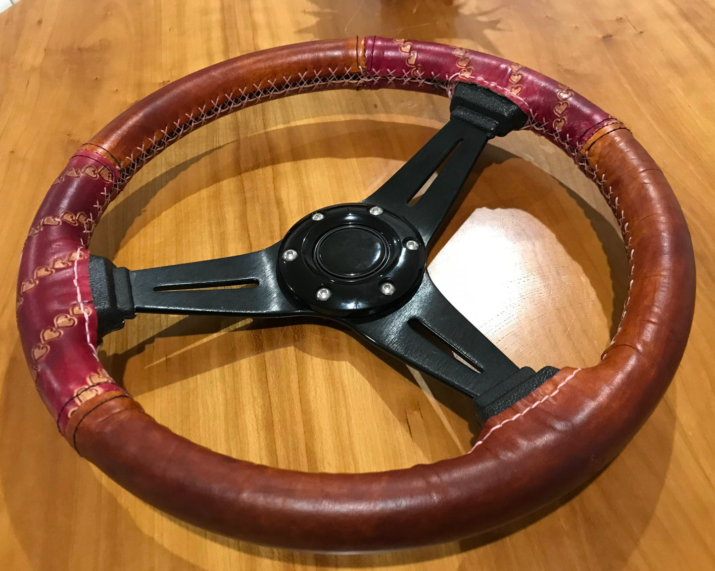 Leather Steering wheel cover made by The Sho Room - Love heart ox blood