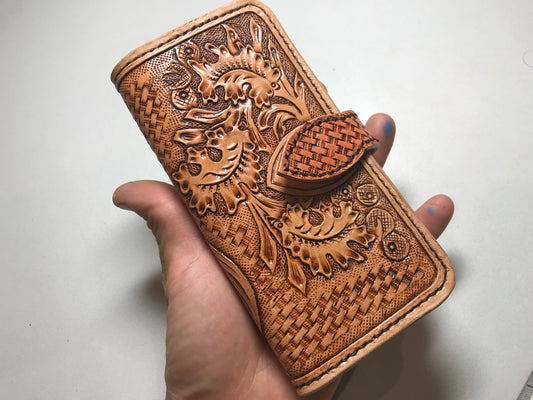 Hand tooled phone wallet - Sheridan flowers and leaves